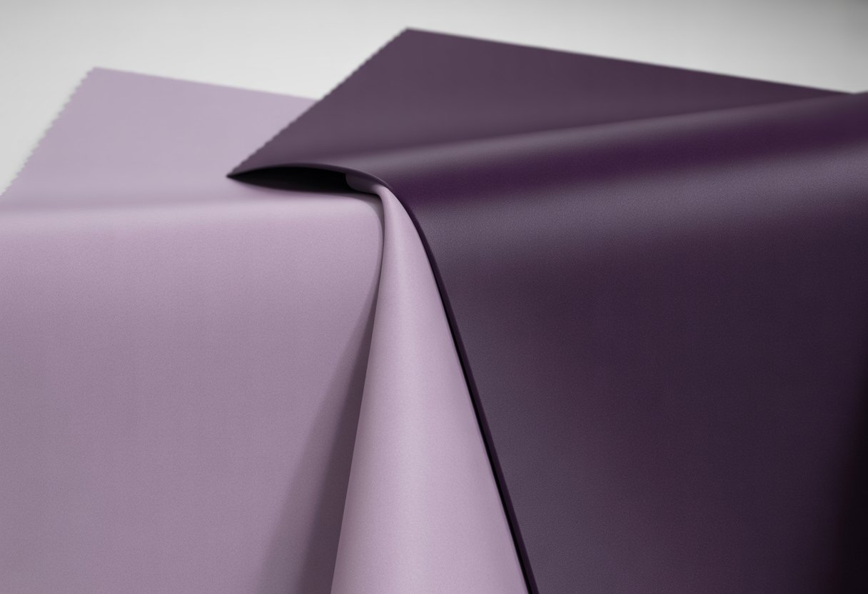 Duas amostras de tecido lado a lado, uma lilás e outra roxa, mostrando a diferença entre as cores.